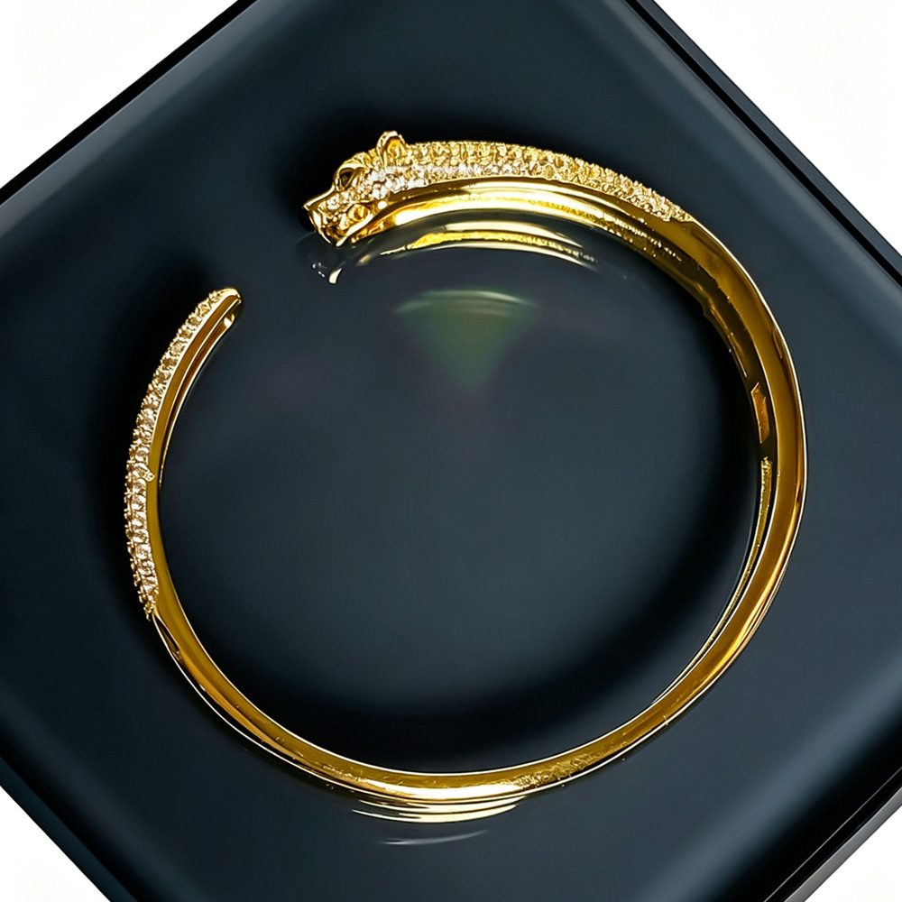 Bold Upscale K Gold Leopard Cuff Bracelet with Full Zircons