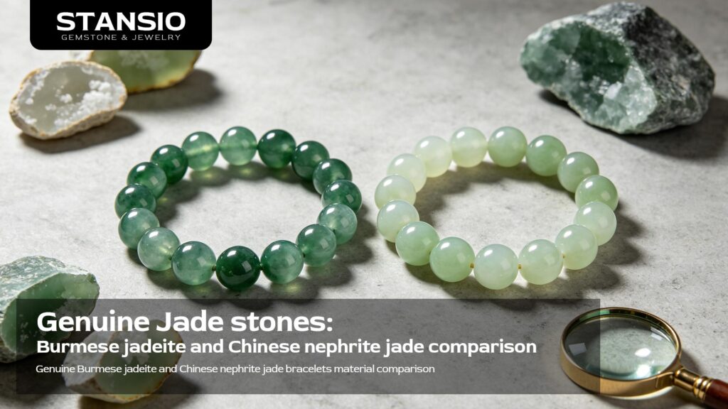 Genuine Burmese jadeite and Chinese nephrite jade bracelets material comparison