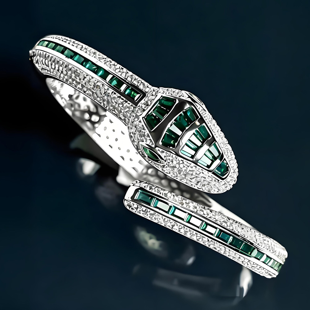 Handcrafted Square Emerald Snake Cuff Bracelet with Full Pave Clear Zircons STANSIO