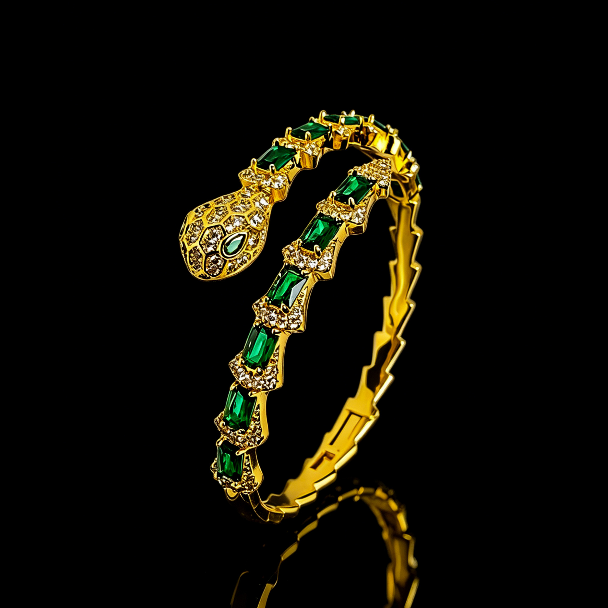 Handmade Snake Cuff Bracelet with Emerald and Clear Zircon Inlay