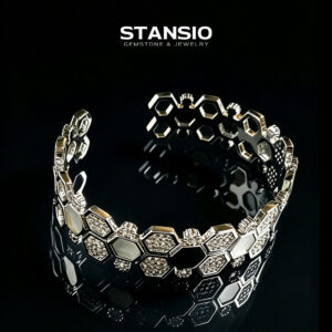 Honeycomb Cuff Bracelet - Platinum K Gold White Mother of Pearl Jewelry STANSIO