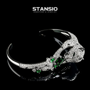 Leopard Emerald Cuff Bracelet - Platinum K Gold Enamel Zircon Jewelry STANSIO