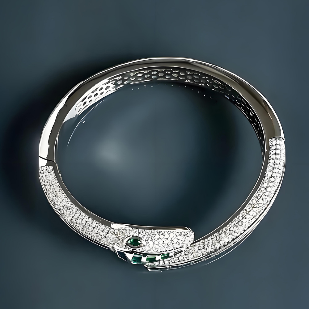 Luxury 8mm 44g Silver Tone Emerald Snake Cuff Bracelet for Women STANSIO