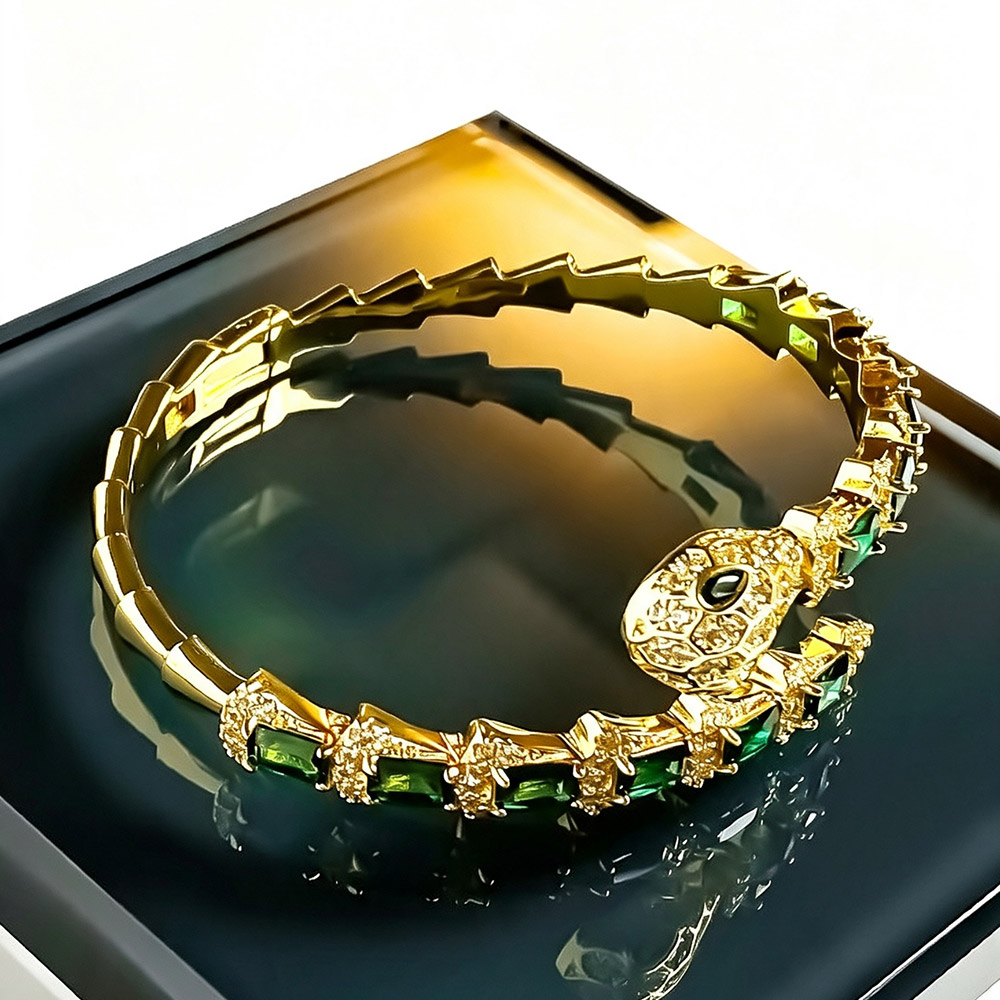 Luxury One-of-a-Kind Gold Emerald Snake Cuff Bracelet for Women