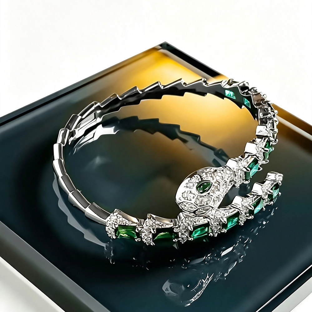 Luxury One-of-a-Kind Silver Emerald Snake Cuff Bracelet for Women