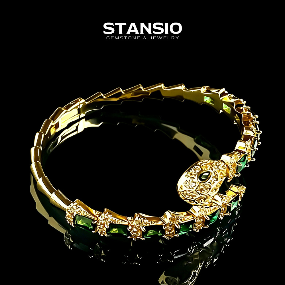 Premium Silver Tone Snake Emerald Zircon Statement Bracelet STANSIO