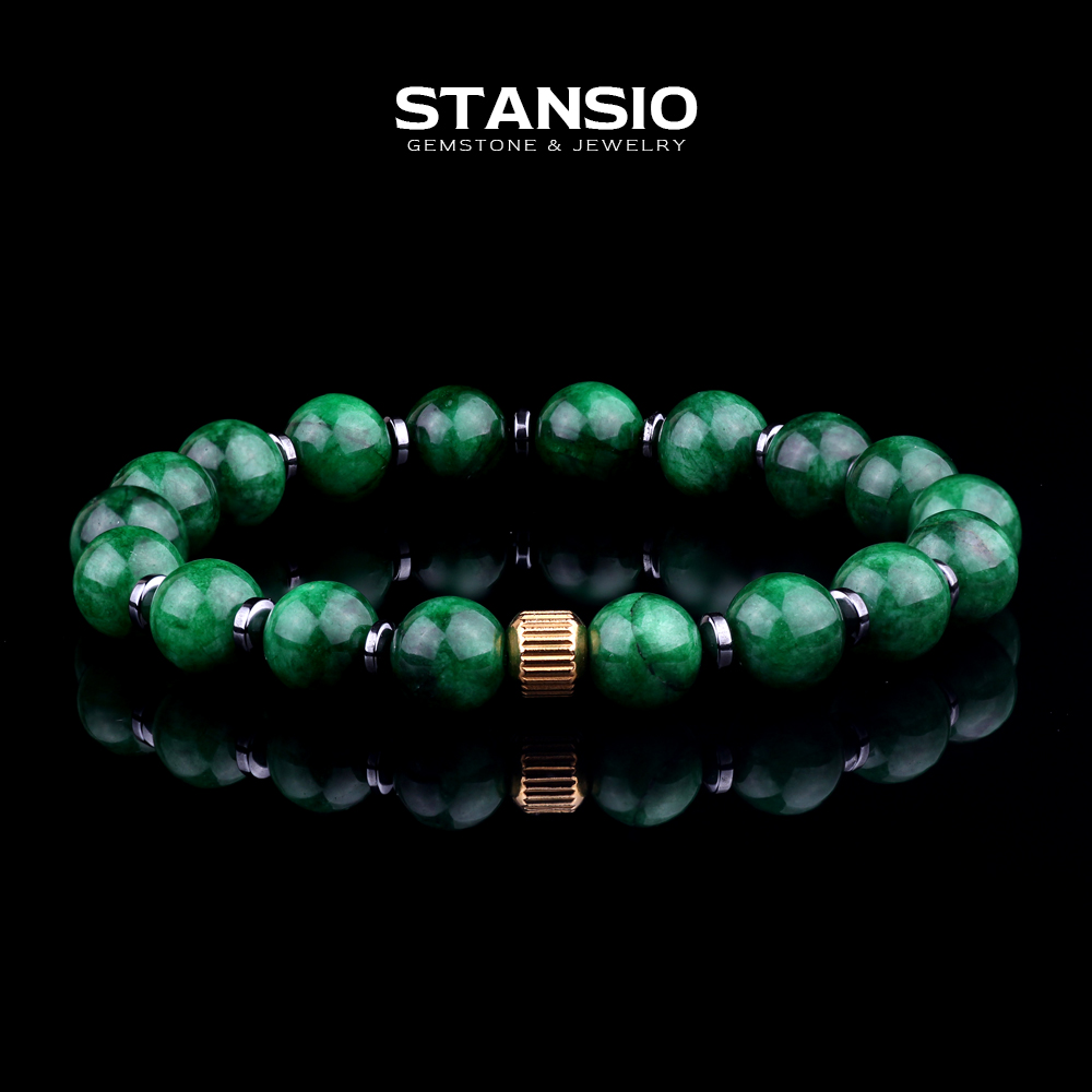 STANSIO Handcrafted Natural Solid Green Jade Unisex Bracelet