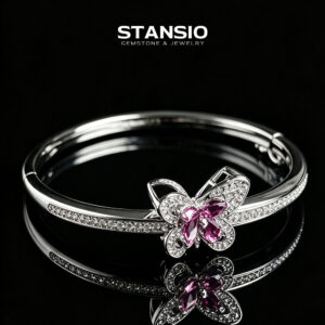 Silver Tone Butterfly Bangle with Magenta Zircon Center STANSIO