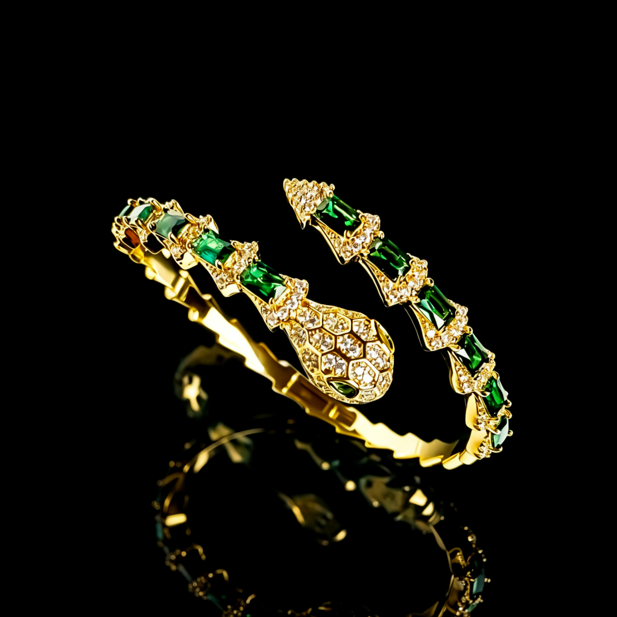 Snake Emerald Cuff Bracelet - Silver Tone Handcrafted Zircon Jewelry