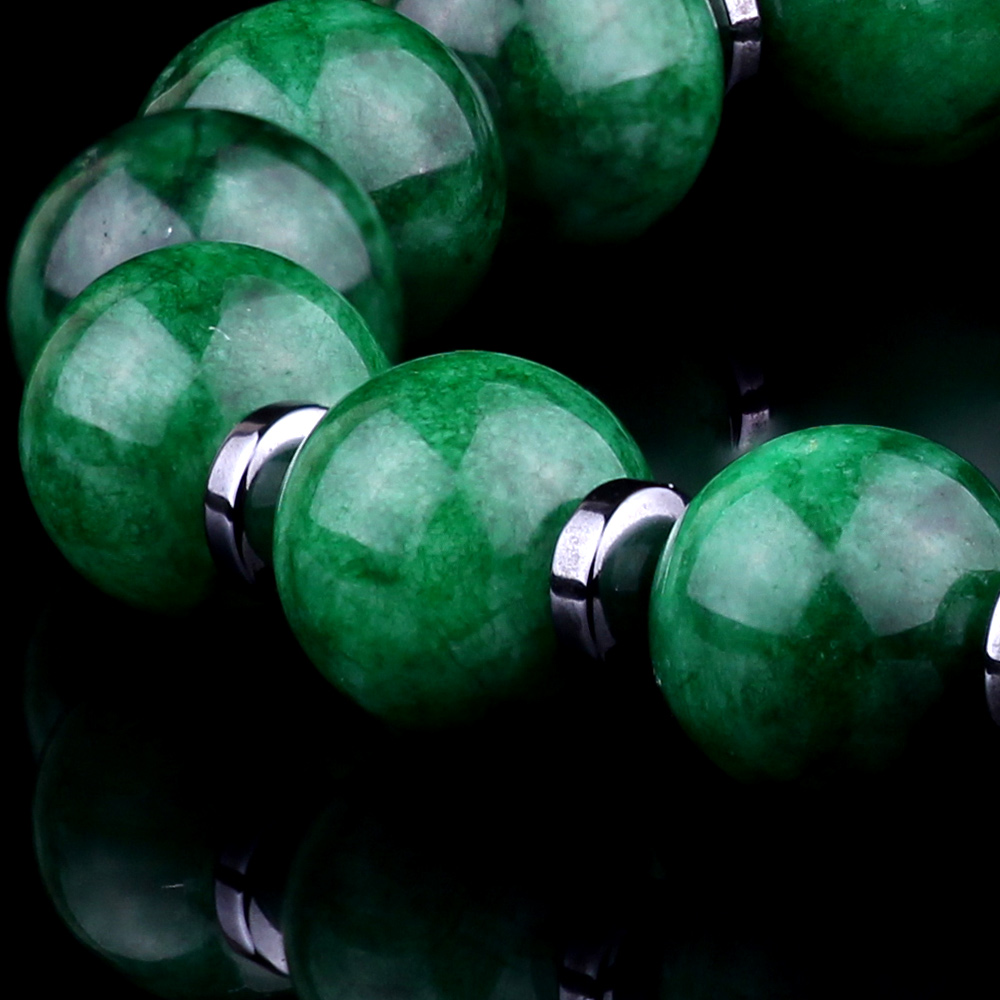Solid Green Jade Bracelet with 8mm Cylindrical Beads & Hematite Spacers