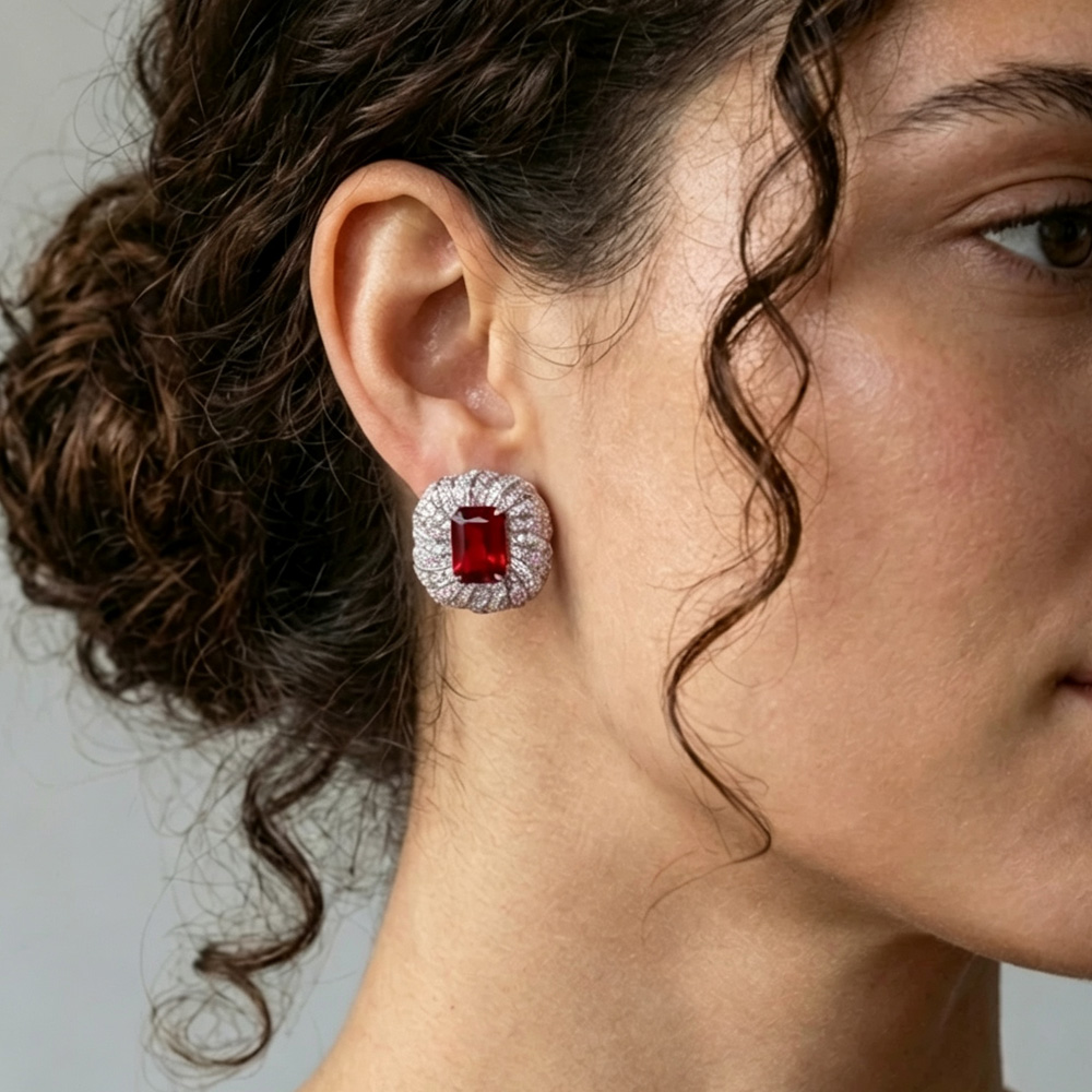 Full pave zircon detail on red ruby puffed statement earrings