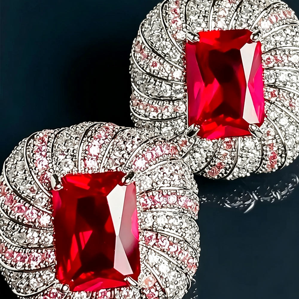Platinum gold plated red ruby puffed earrings 925 silver post