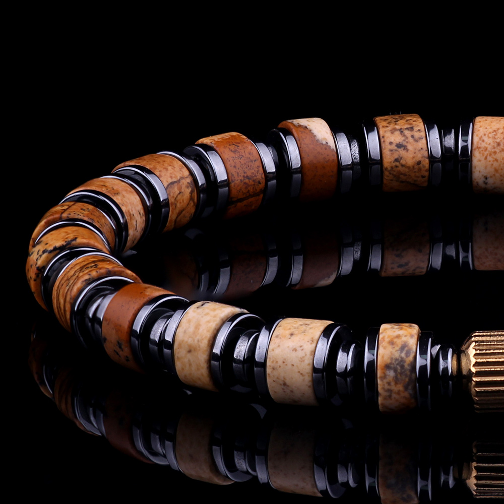 Premium Natural Landscape Jasper and Hematite Minimalist Bracelet