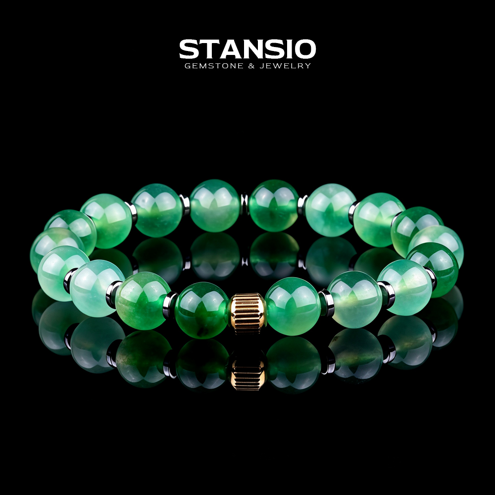 STANSIO Handcrafted Natural Vivid Green Jade Bracelet