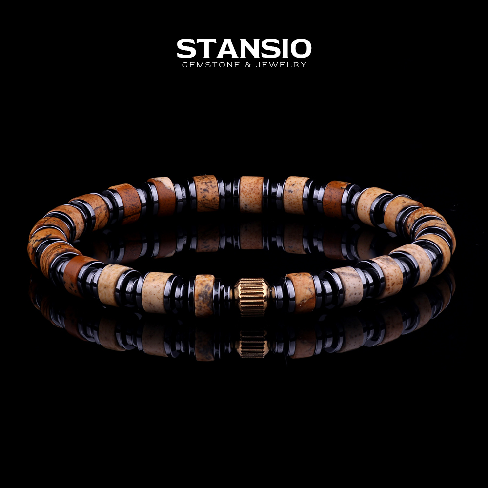 STANSIO Landscape Jasper Beaded Bracelet with Hematite Spacers
