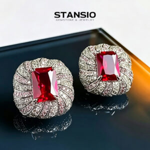 STANSIO red ruby puffed statement earrings with full pave zircon