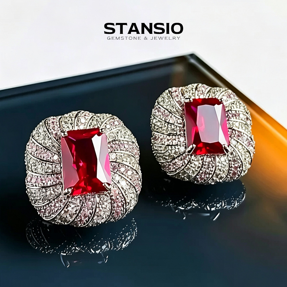 STANSIO red ruby puffed statement earrings with full pave zircon