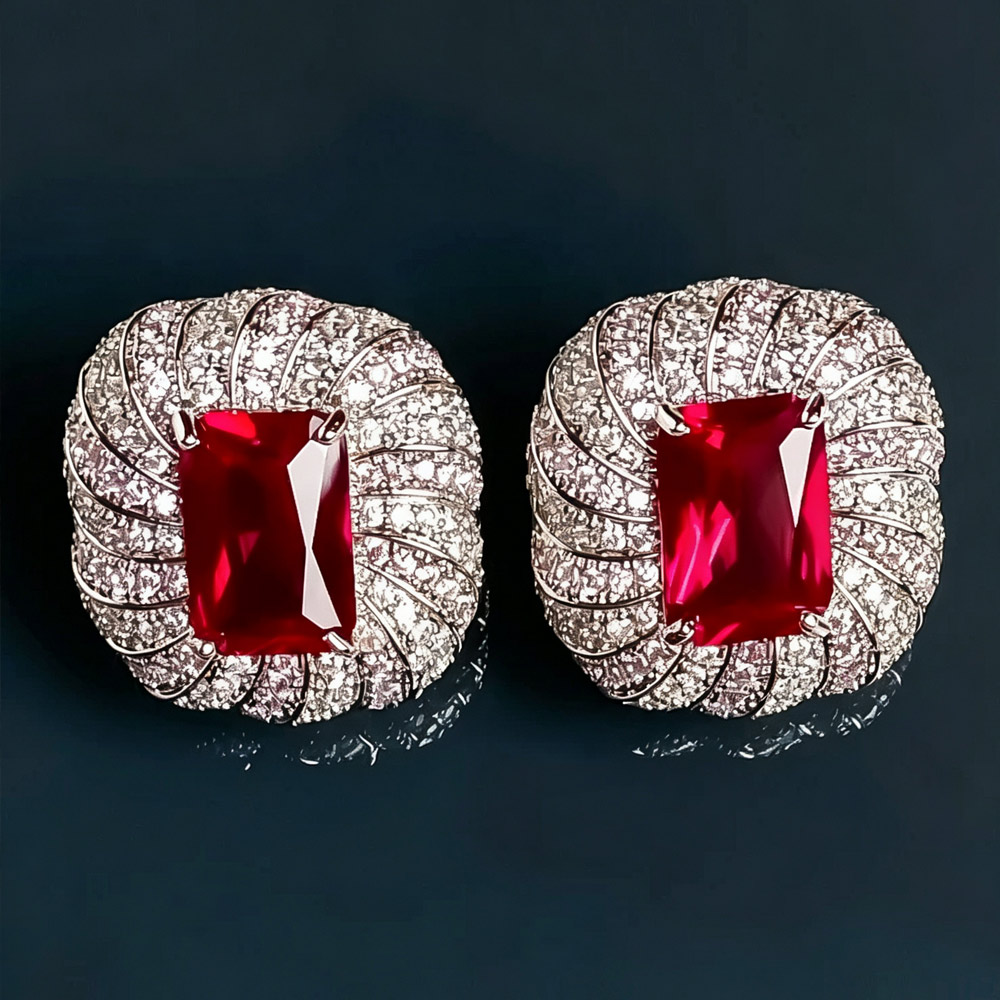 Sparkling full pave zircon red ruby puffed earrings