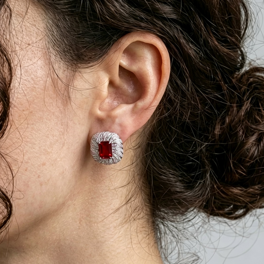 Stylish wear look of red ruby puffed statement earrings
