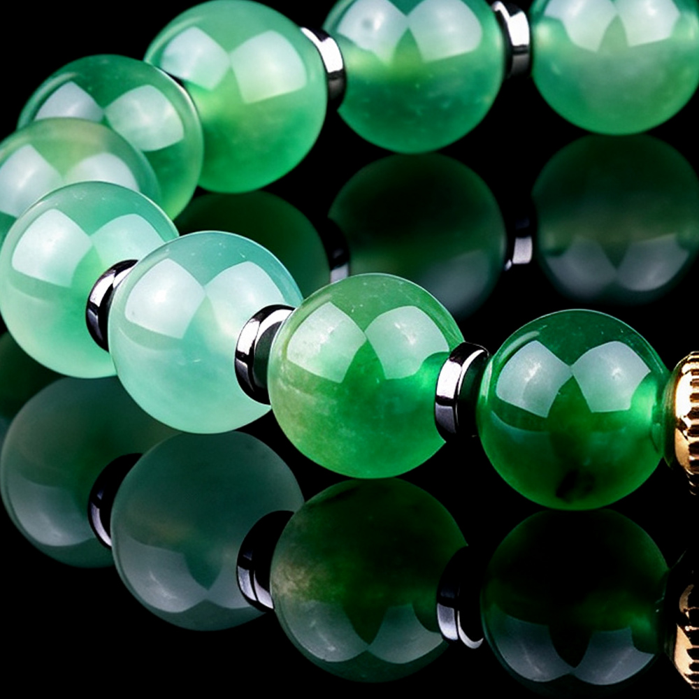 Vivid Green Jade Bracelet with 8mm Round Beads & Hematite Spacers (2)