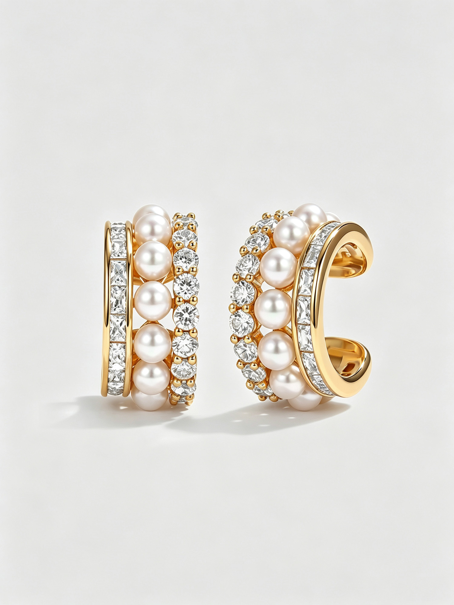 Aurelia Pearl Ear Cuff front view, stacked pearl and baguette crystal ear cuff