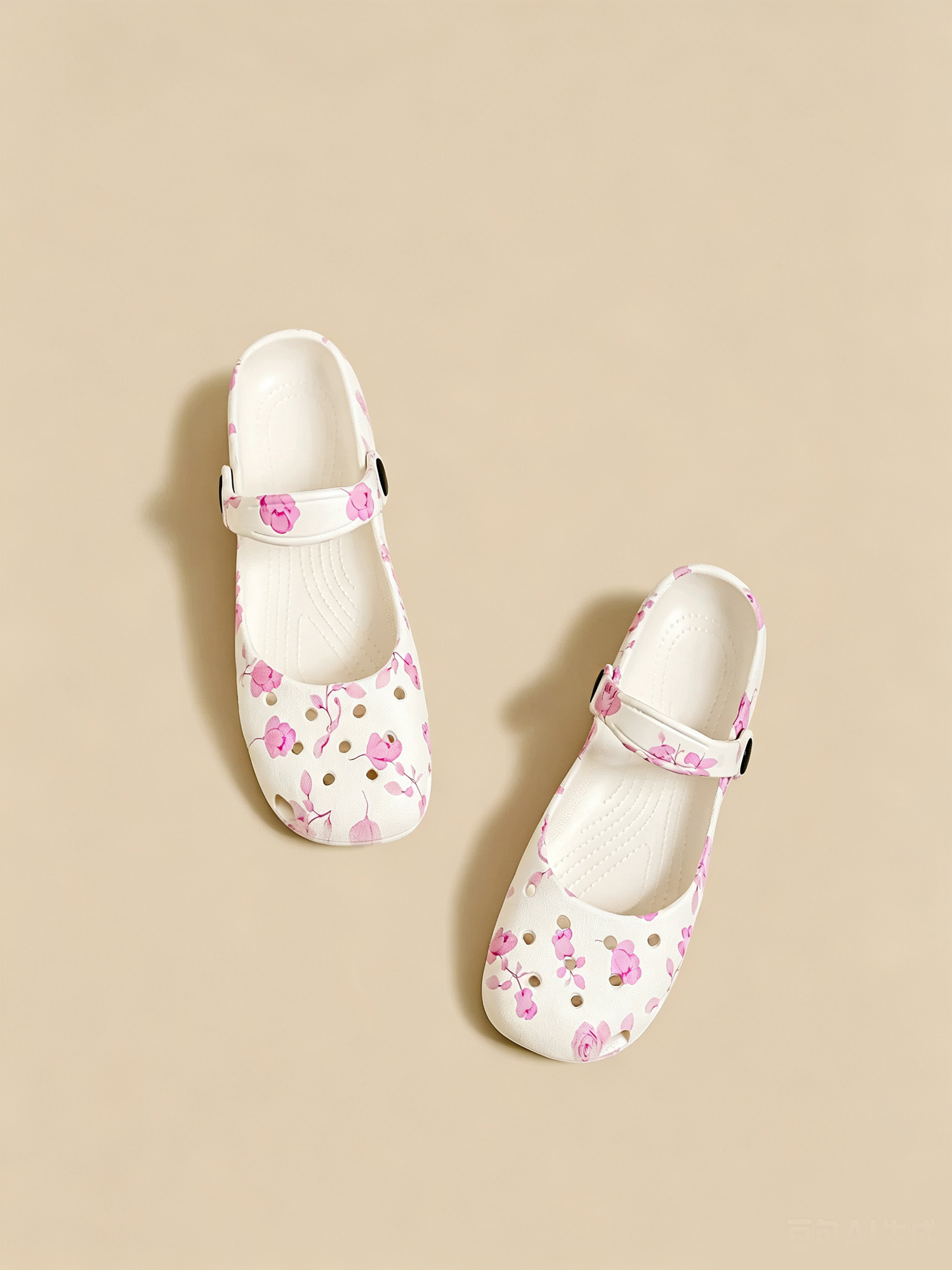 Blush bloom clogs front view, cream base with pink flower print breathable EVA clogs