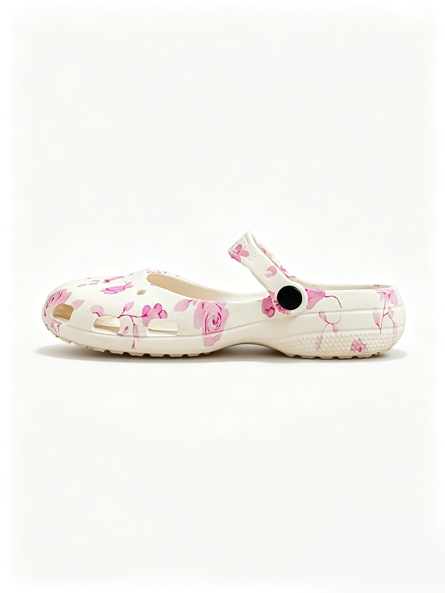 Blush bloom clogs overhead flat lay, lightweight floral women slip on EVA clogs