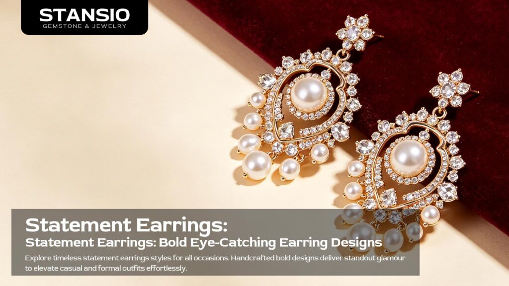 Bold handcrafted statement earrings styles with oversized silhouettes, gemstone accents and mixed-metal details, designed for evening events and standout everyday outfits STANSIO