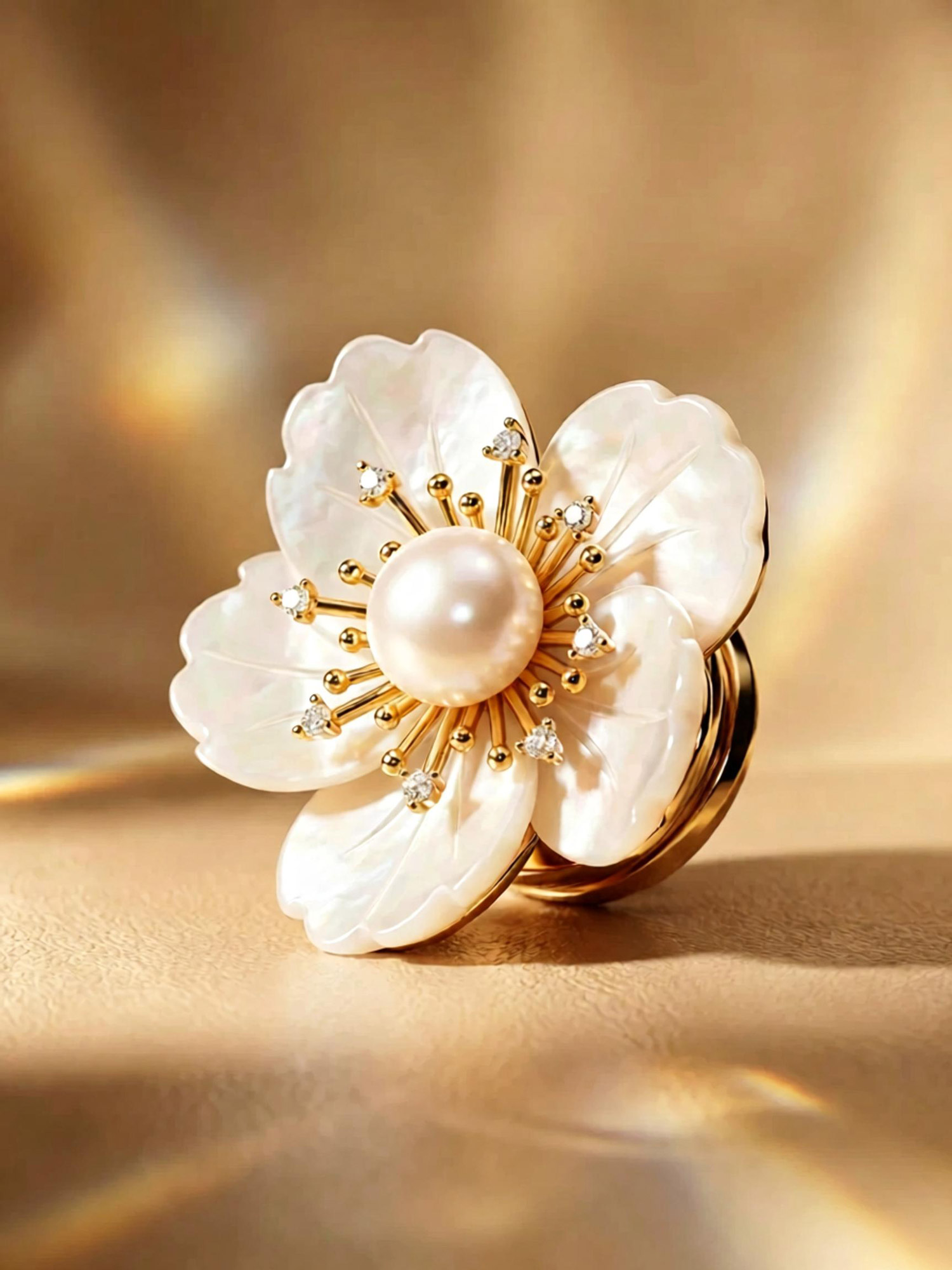Camellia pearl brooch close‑up, iridescent mother‑of‑pearl petals around central freshwater pearl