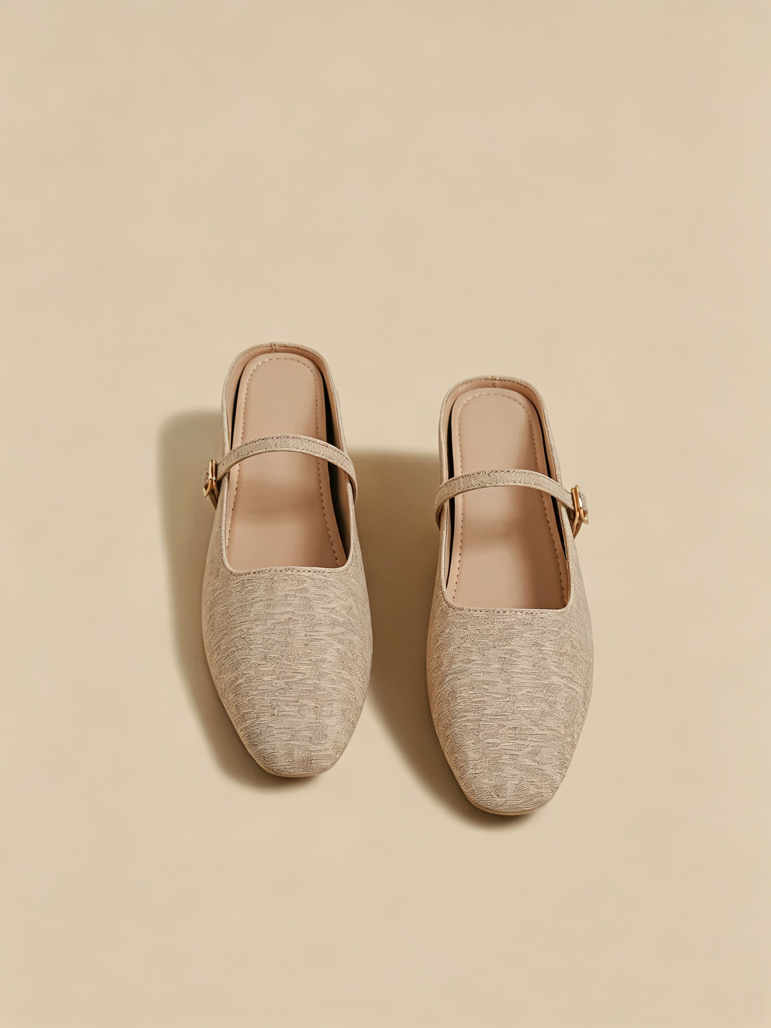 Champagne mary jane mules overhead flat lay shot, elegant backless slip on mules
