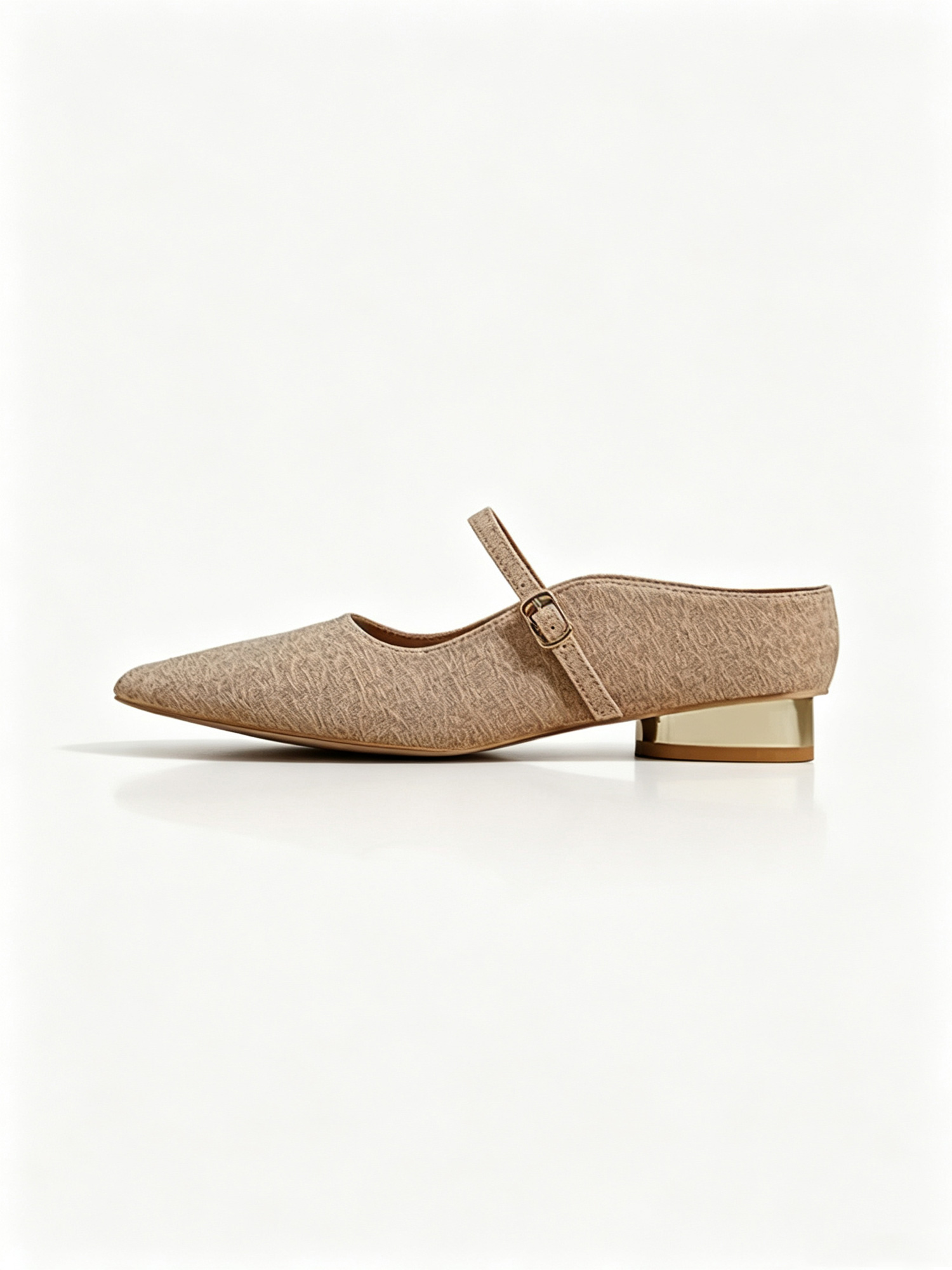 Champagne mary jane mules side view, textured shimmer leather low block heel mules