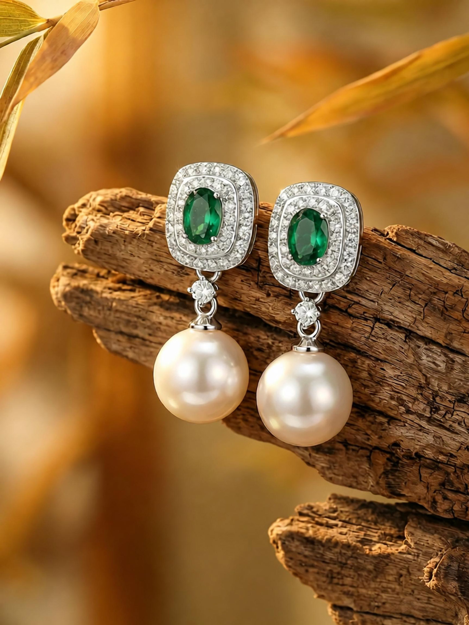Close‑up shot green dream pearl drop earrings emerald zircon halo and glossy pearl drop