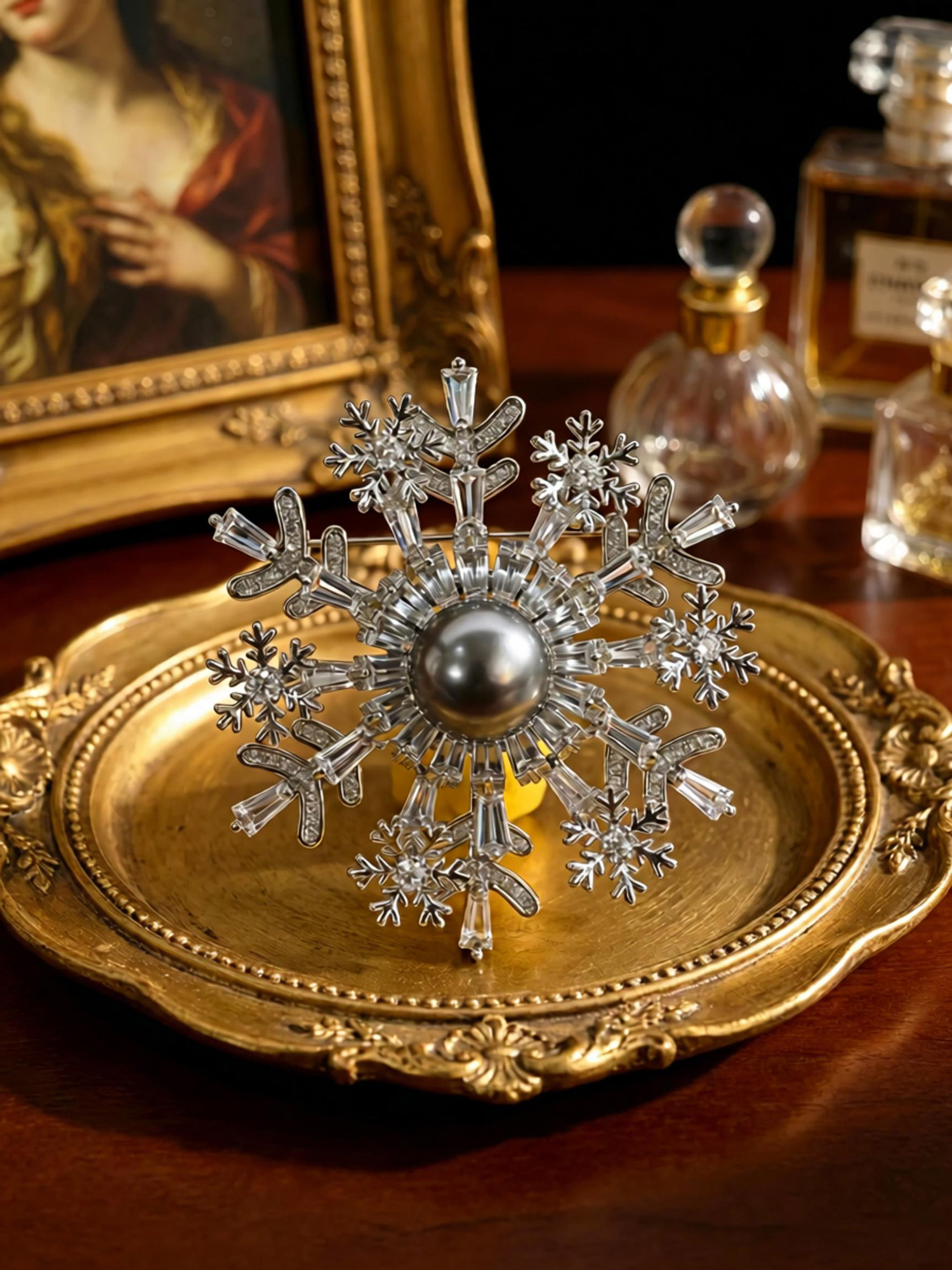 Close‑up shot snow tahiti pearl brooch tahitian shell pearl and snowflake zircon details