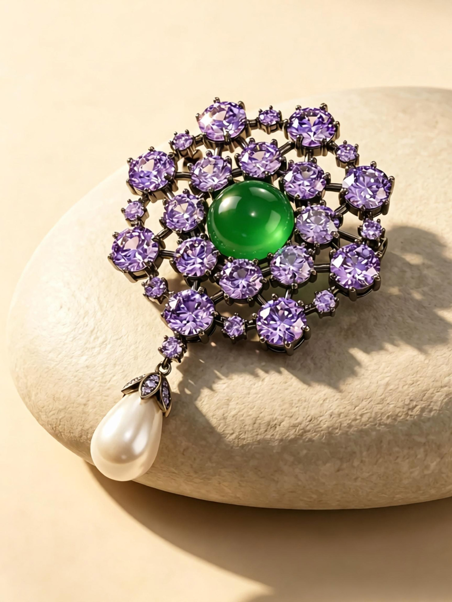Concealed pin‑back clasp hardware shot for violet pearl brooch STANSIO fine jewelry