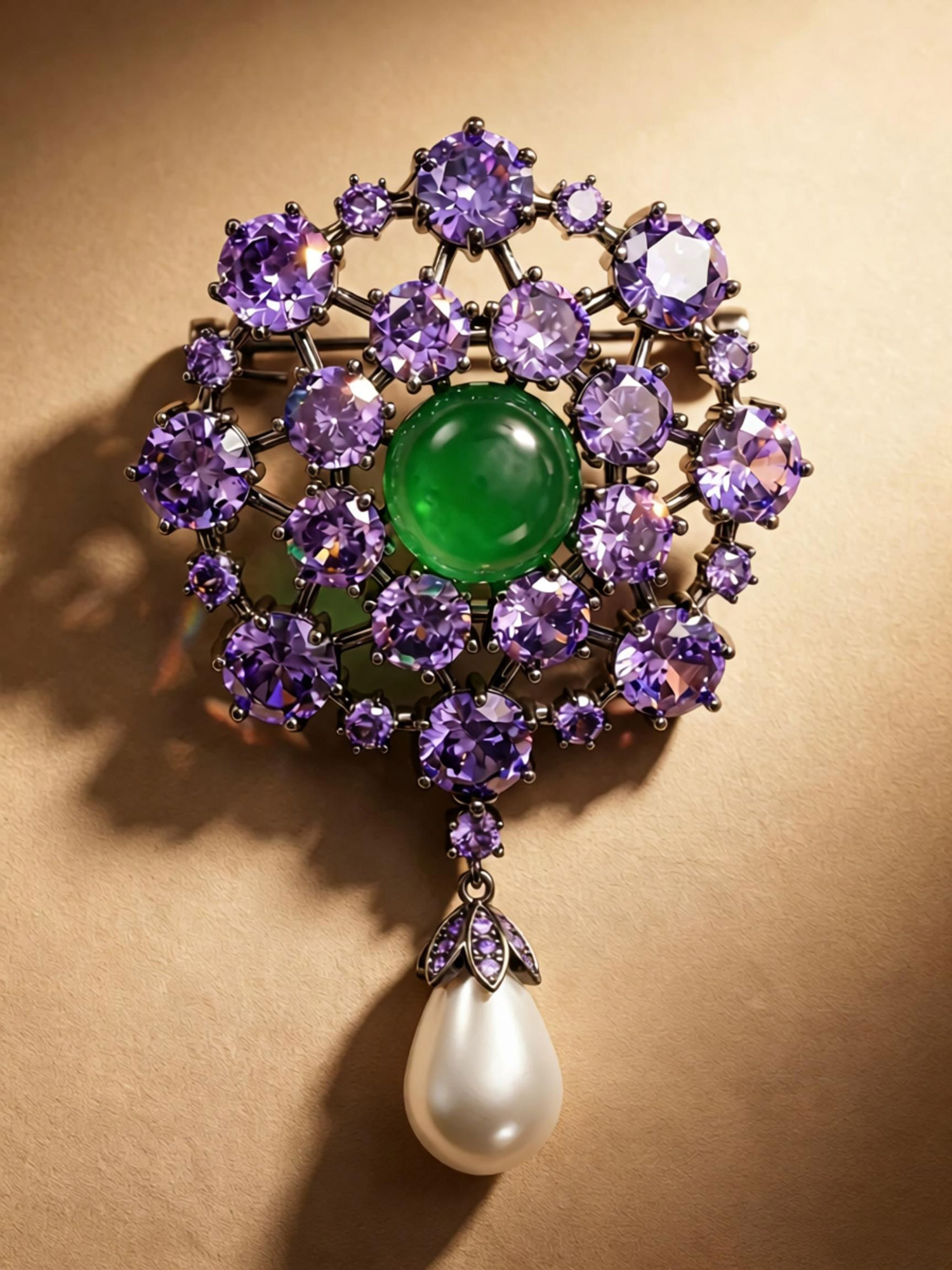 Dark antique‑toned openwork metal frame with prong‑set vivid violet zircon gemstones