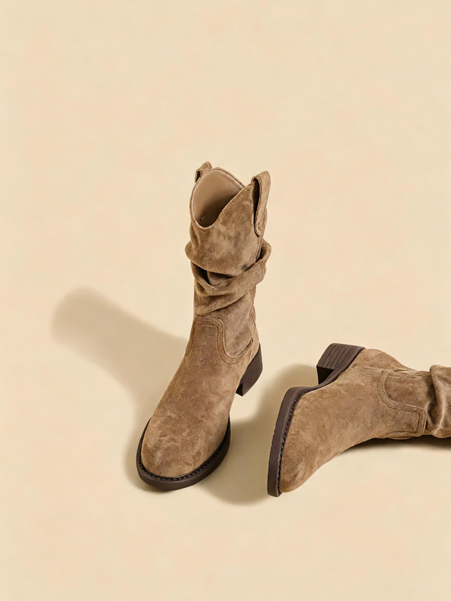 Dusk wanderer cowboy boots back side view, stacked low heel and pull tab design