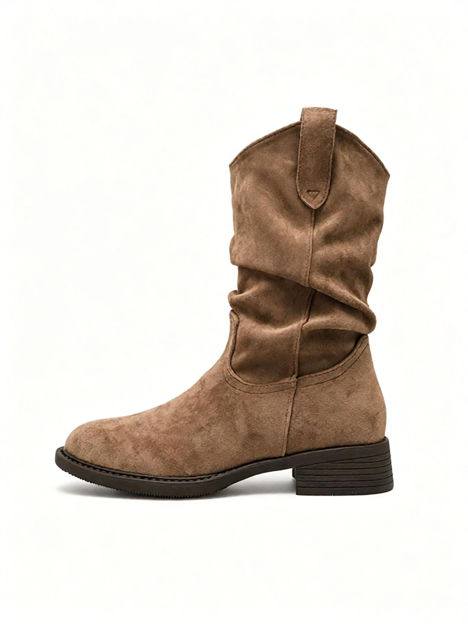 Dusk wanderer cowboy boots closeup, fine stitching on soft suede western boot
