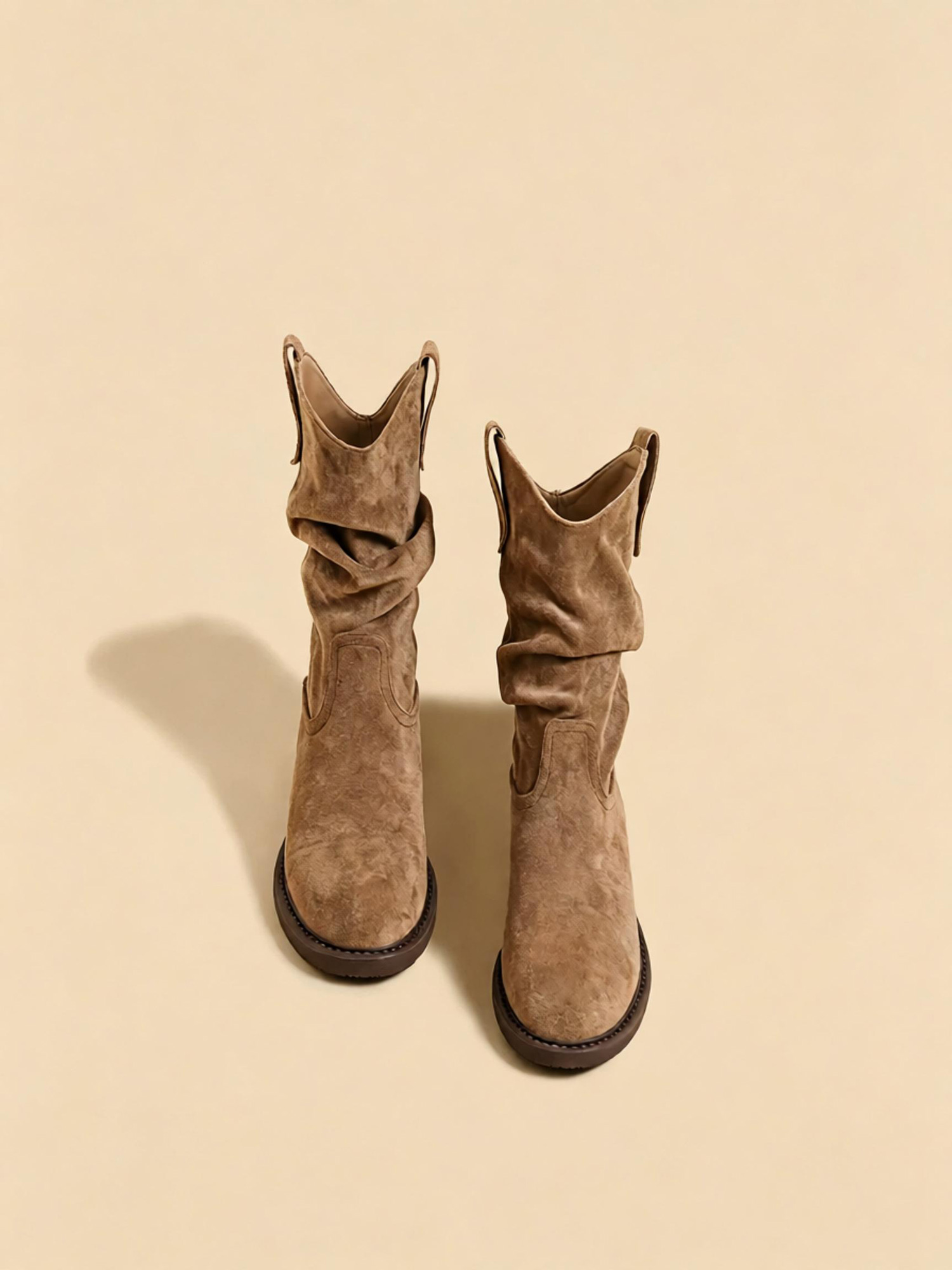 Dusk wanderer cowboy boots front overhead shot, ruched suede mid calf western boot