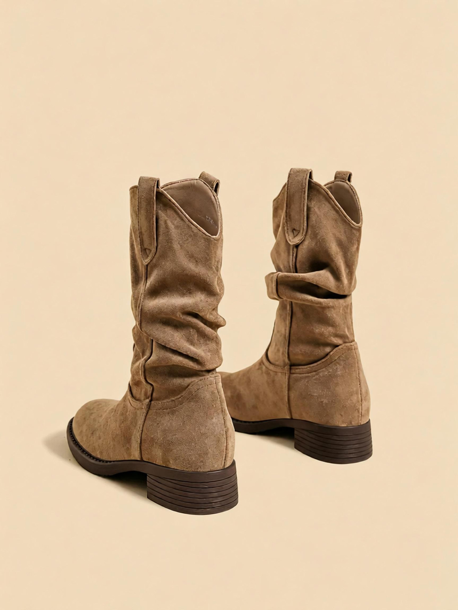 Dusk wanderer cowboy boots side profile, vintage slouch taupe suede cowboy boot