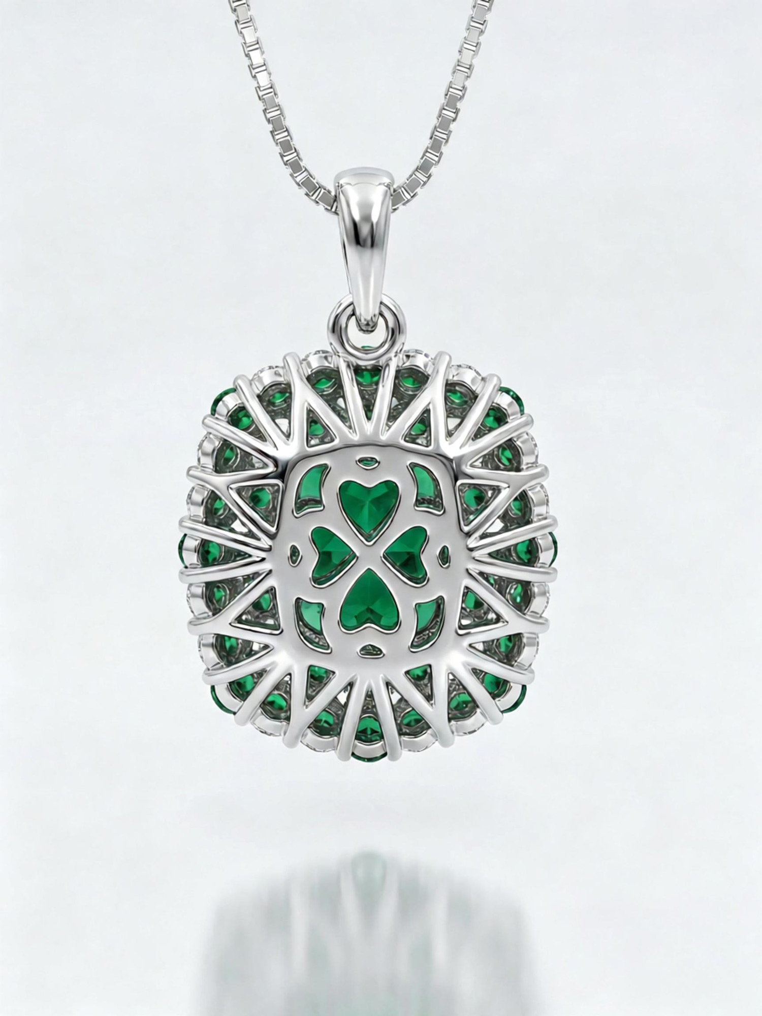 Emerald journey pendant necklace front view, polished copper platinum k‑gold plating statement pendant