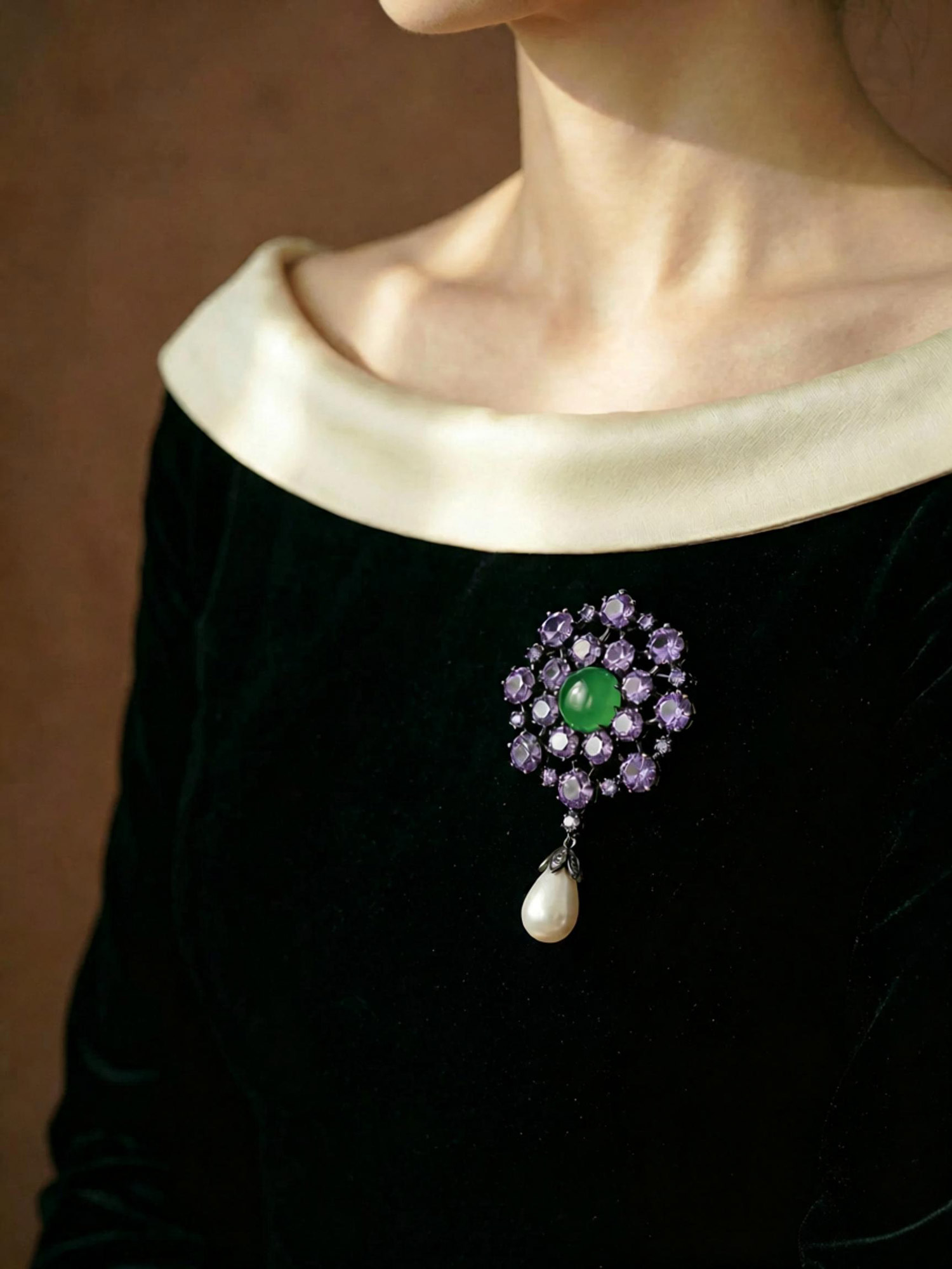 Floating teardrop freshwater pearl drop suspended beneath violet‑toned zircon setting of the brooch