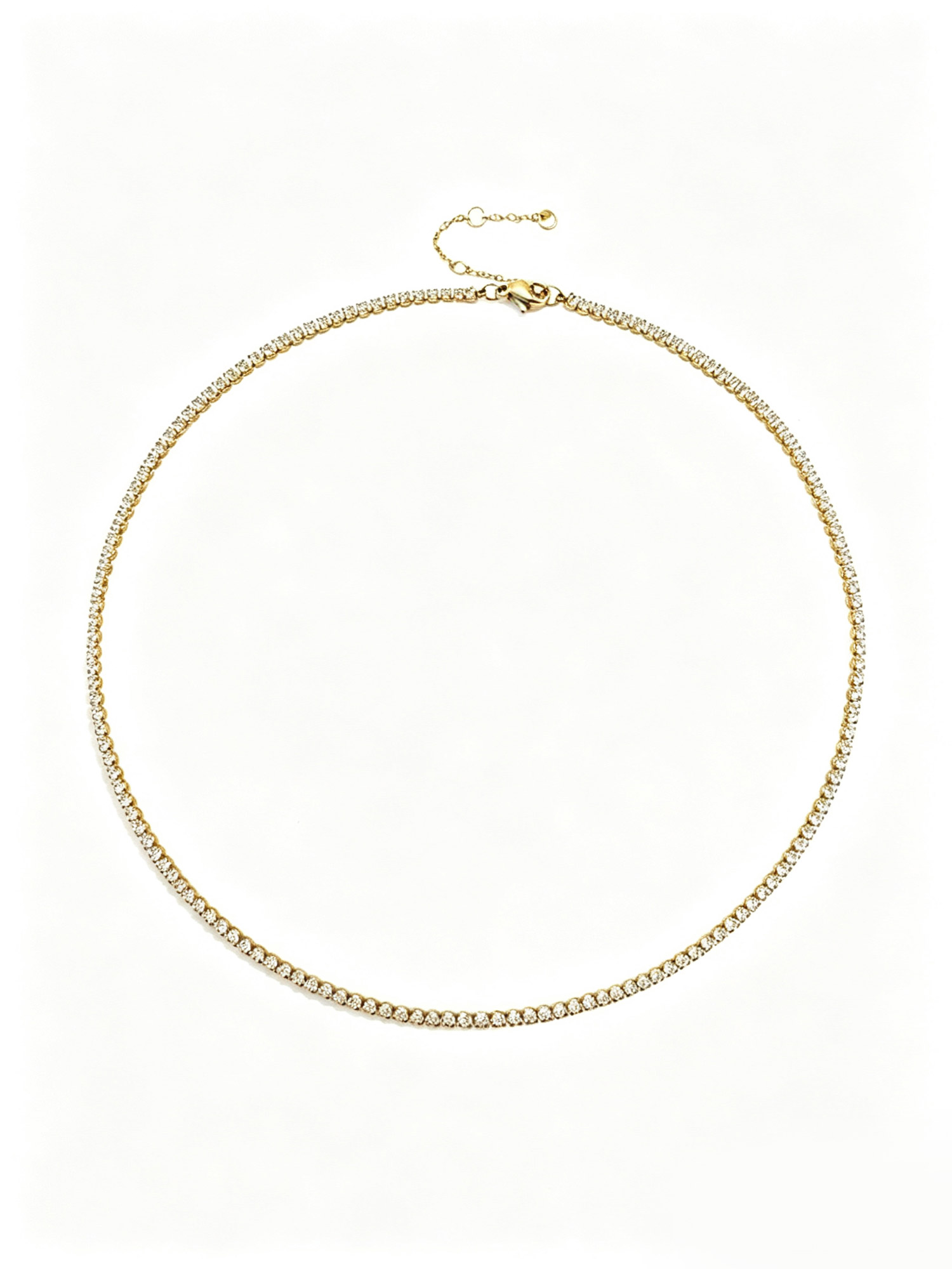 Lumina Tennis Necklace close-up view, showcase evenly set zircon stones and polished steel chain