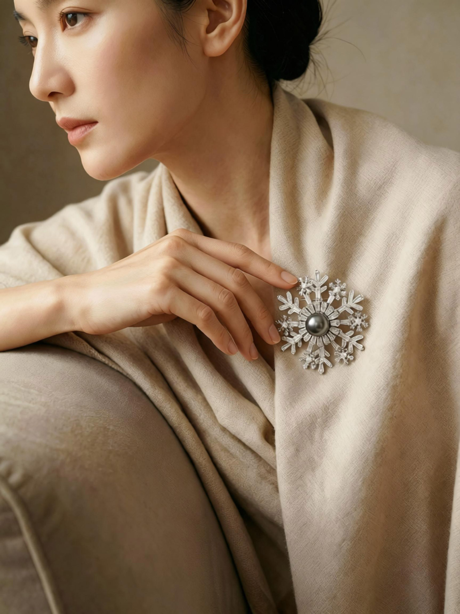 Macro detail of baguette zircon snowflake ornament on snow tahiti pearl brooch