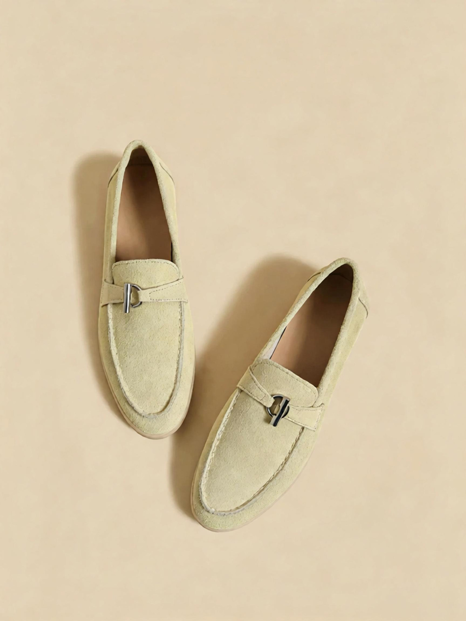 Melon green loafers top view, fresh muted green suede loafer flat lay shot