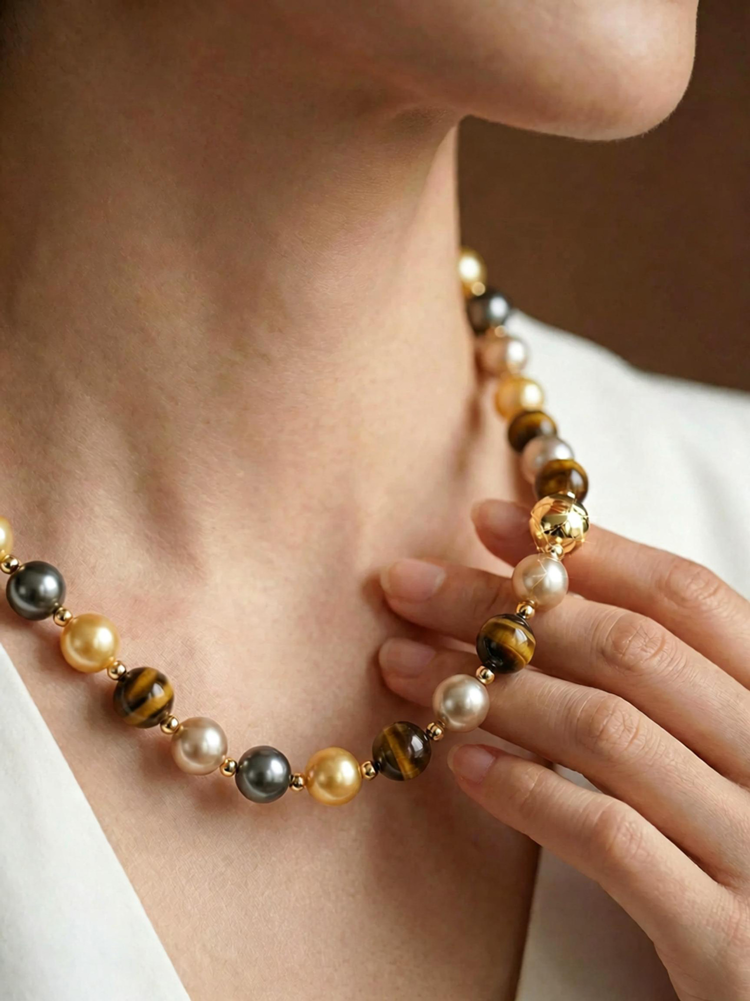 Mixed earth tone beaded necklace full view, 45cm beaded strand with polished magnetic clasp