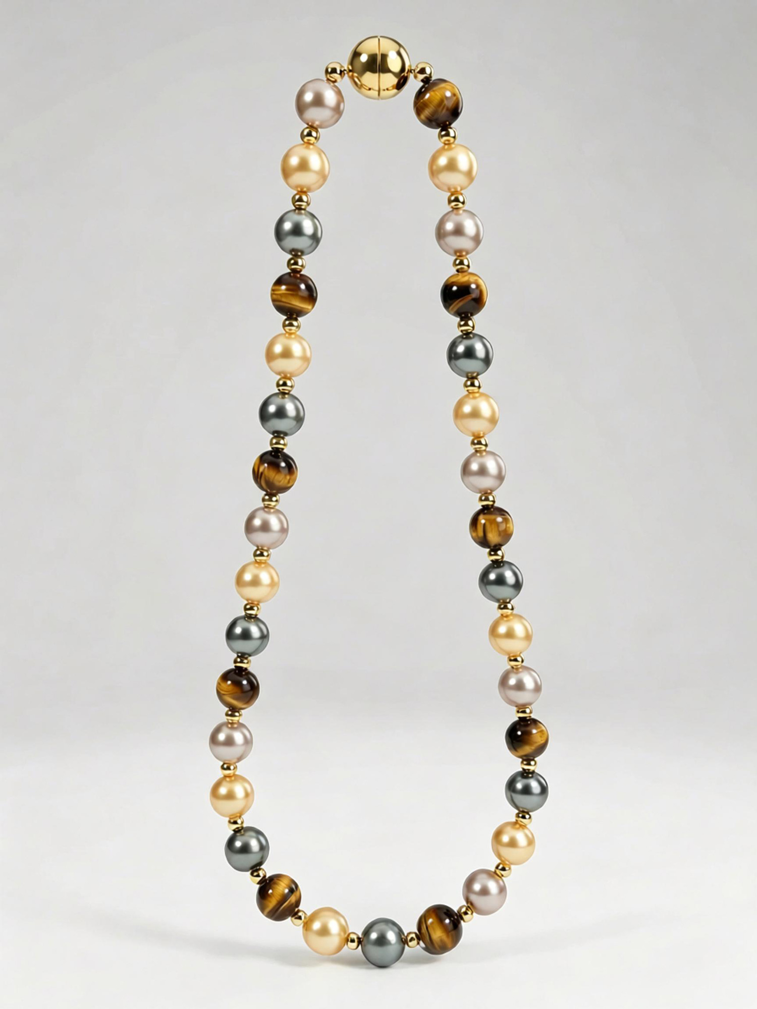 Mixed earth tone beaded necklace worn on neck, earth‑toned gem and pearl vintage statement jewelry STANSIO