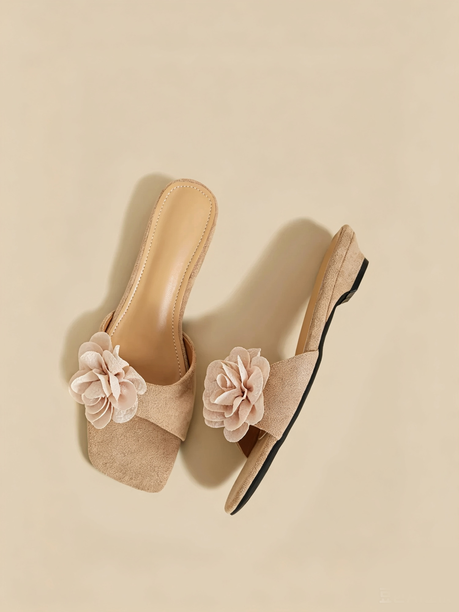 Petal breeze slide sandals side profile, low wedge heel romantic floral slides