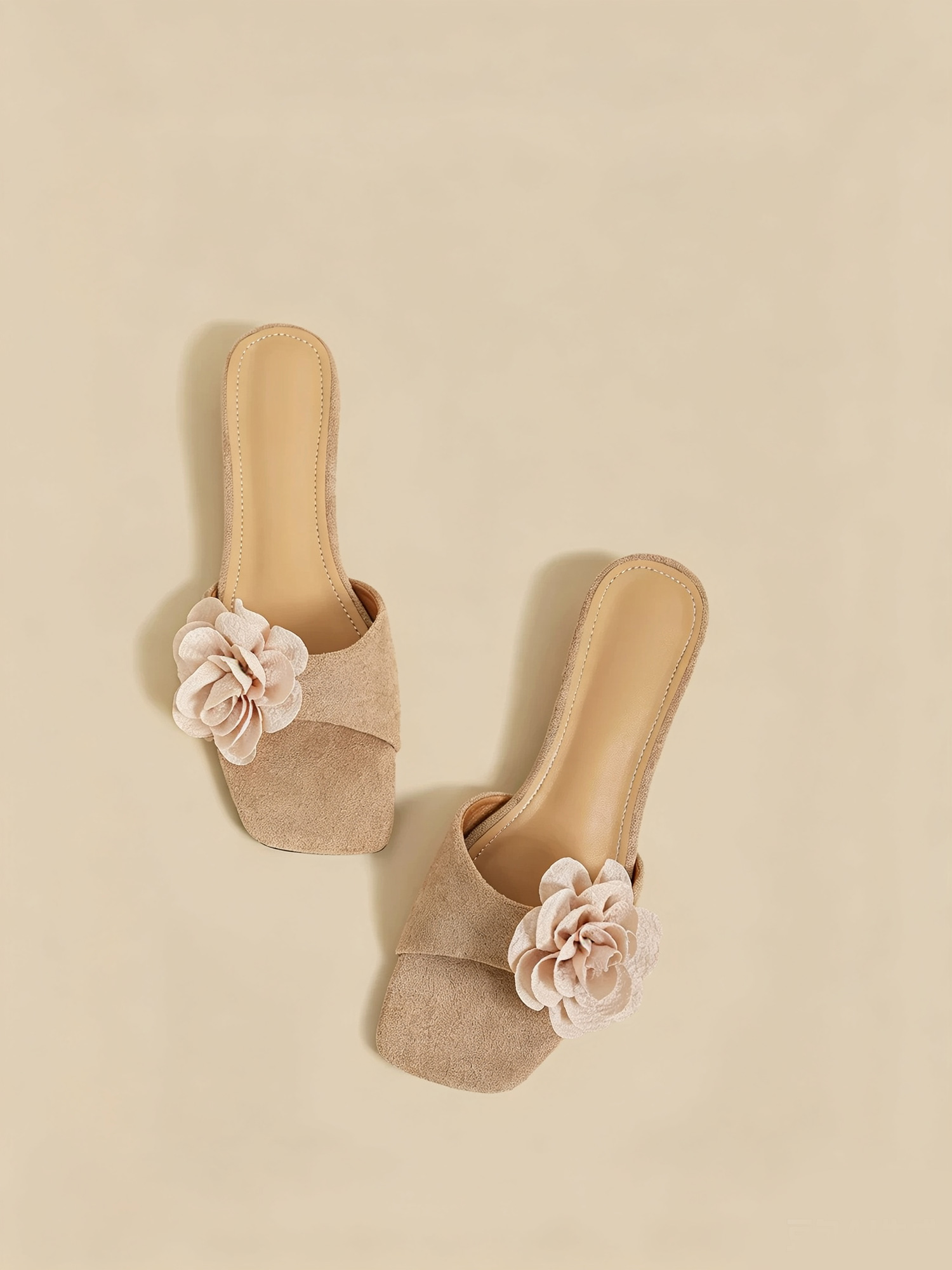 Petal breeze slide sandals top view, textured suede strap and 3D flower decor