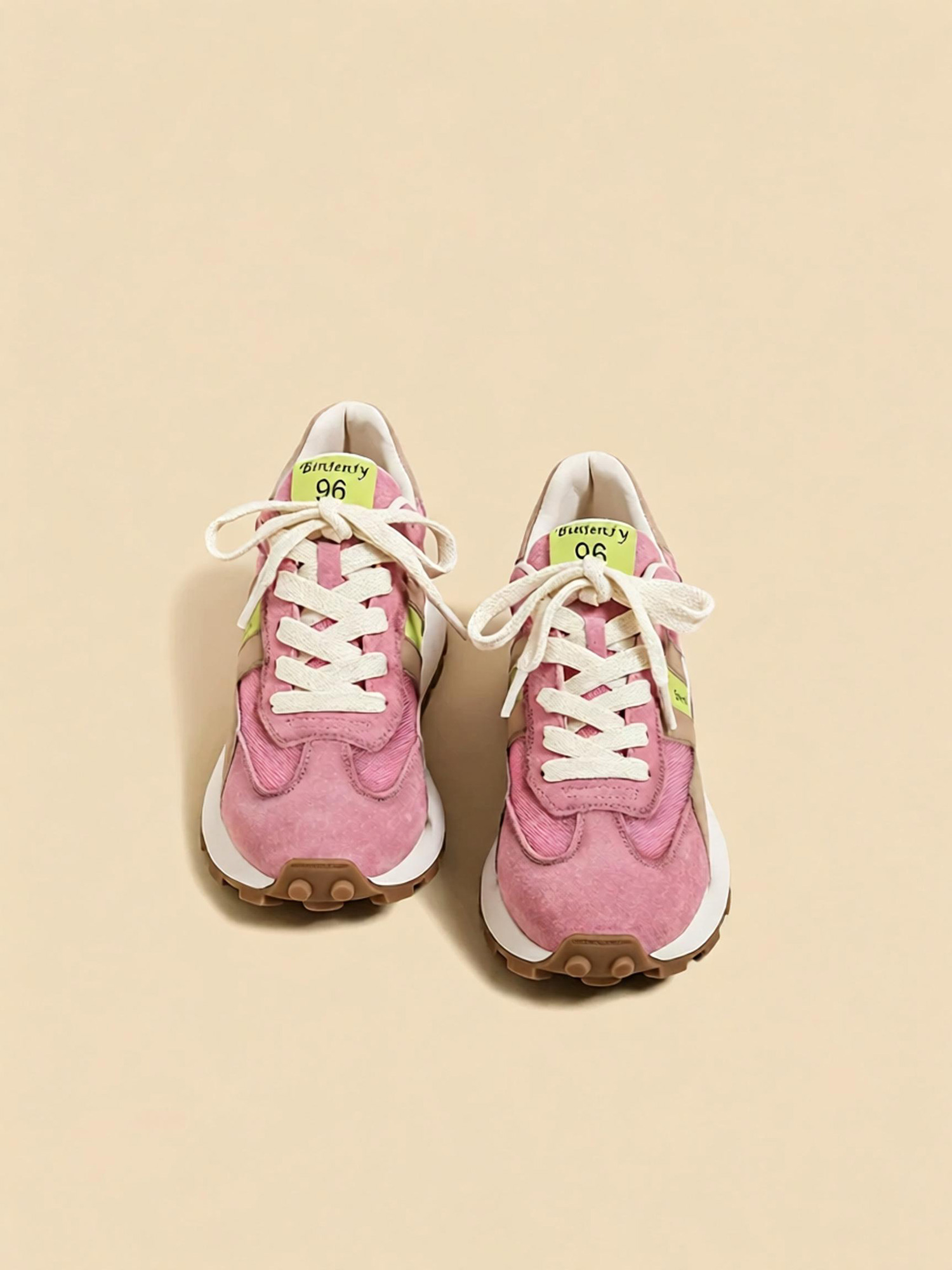 Pink blush retro sneakers front view, lace-up casual women platform sneakers