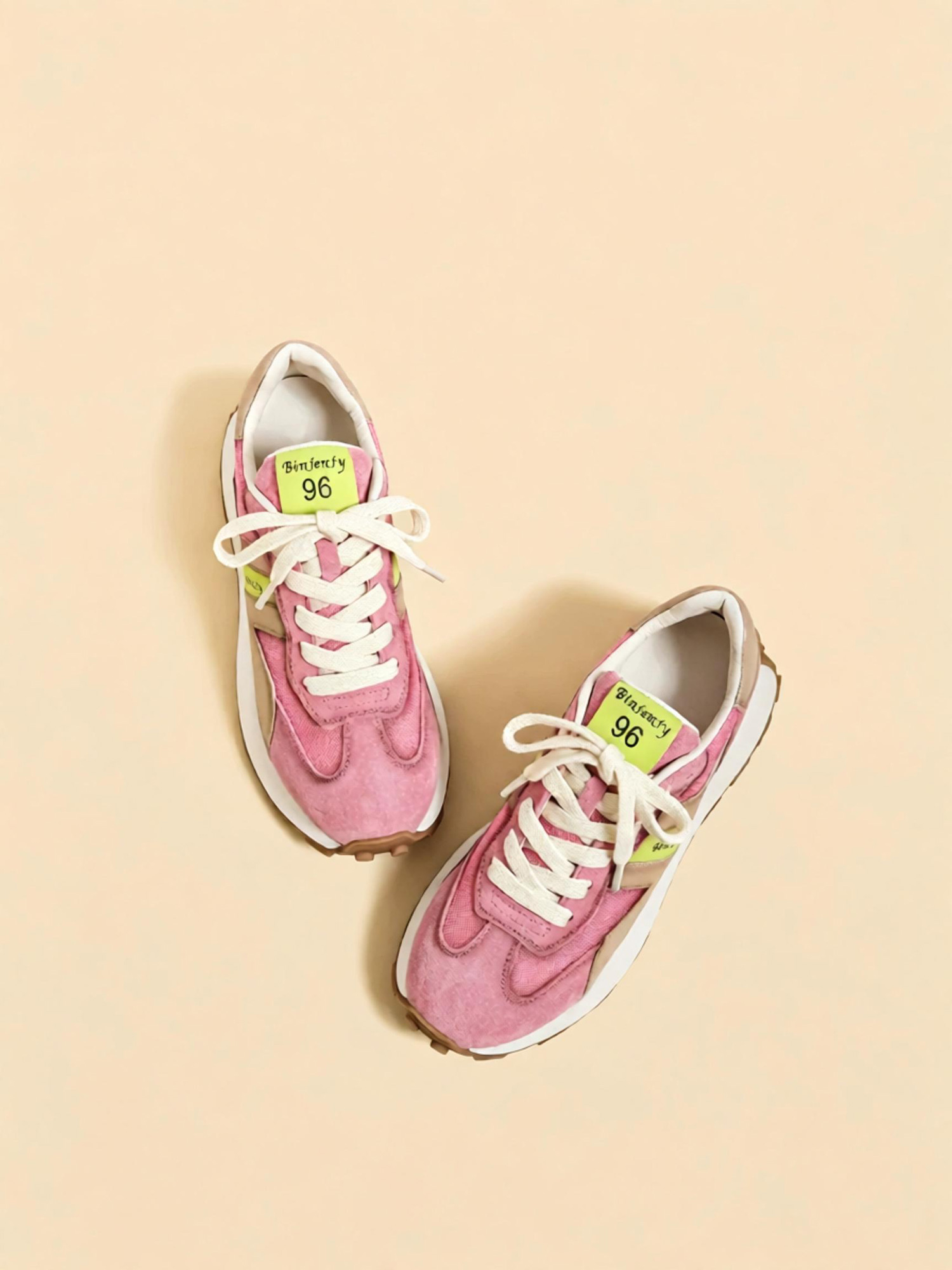 Pink blush retro sneakers overhead shot, blush pink color block street footwear